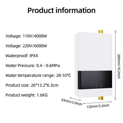 Wall Mounted Electric Water Heater with Remote Control