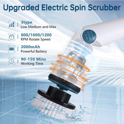 Electric Spin Scrubber with Adjustable Extension Arm and 8 Replaceable Cleaning Heads