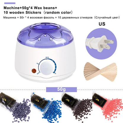 200ml Mini Wax-melt Heater Machine
4 Bags Wax Bean
10 Wood Stickers
Hair Removal Machine Waxing Kit