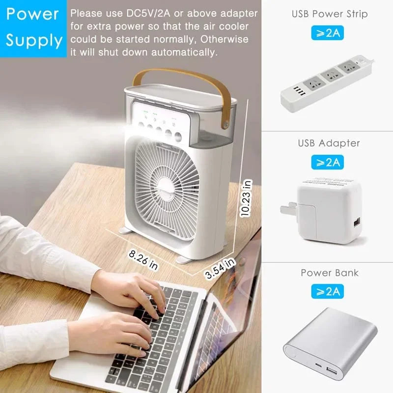Portable Humidifier Fan Air Cooler Fan Electric Air Conditioner USB Led