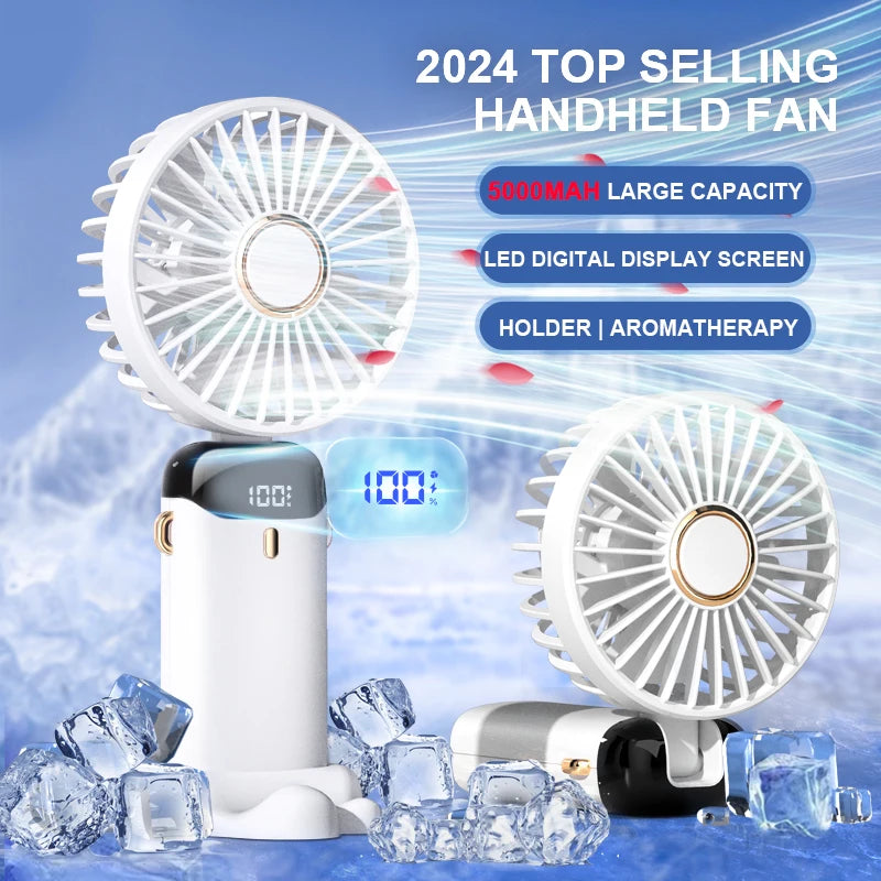 2024 Top Selling 5000mAh Rechargeable Handheld Portable Fan Air Cooler 90Â° Foldable Air Conditioner Fan with LED Digital Display.