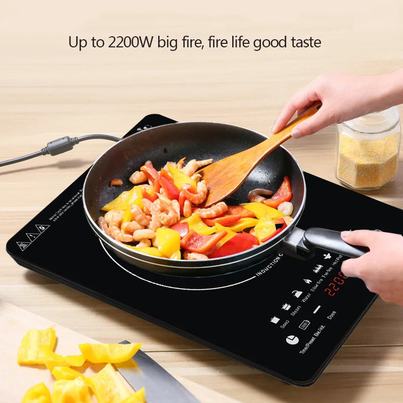 2200W Powerful Electric Induction Cooker Black Ceramic Glass Plate Touch Panel Waterproof Timing Multifunctional Kitchenware. 
Product name: Electric Induction Cooker