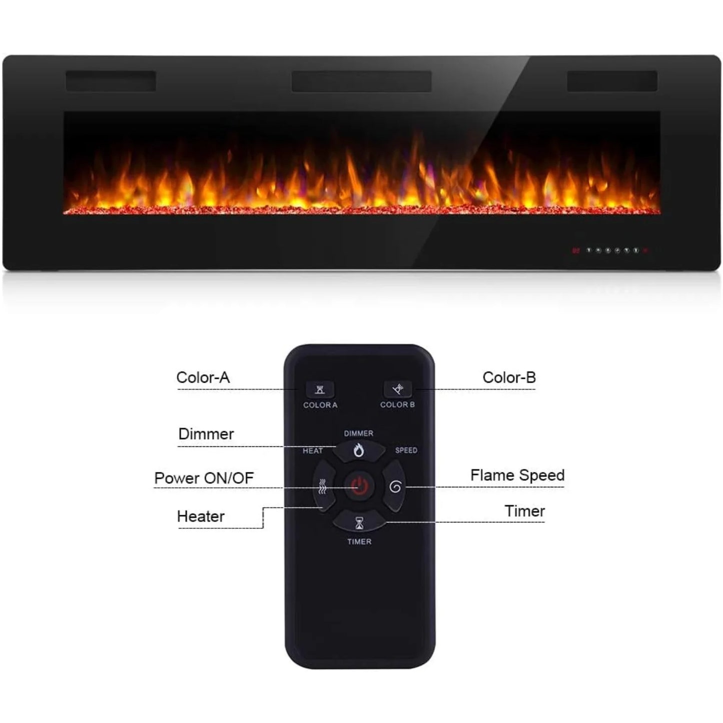 42 Inch Electric Fireplace in-Wall Recessed & Wall Mounted
Linear Fireplace w/ Multicolor Flame
Control by Touch Panel & Remote