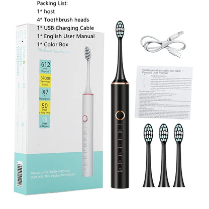 6 Modes 18 Gears Sonic Electric Toothbrush Soft Bristle IPX7 Waterproof Teeth Cleaning and Whitening Remove Tartar Stains USB. 

Electric Toothbrush