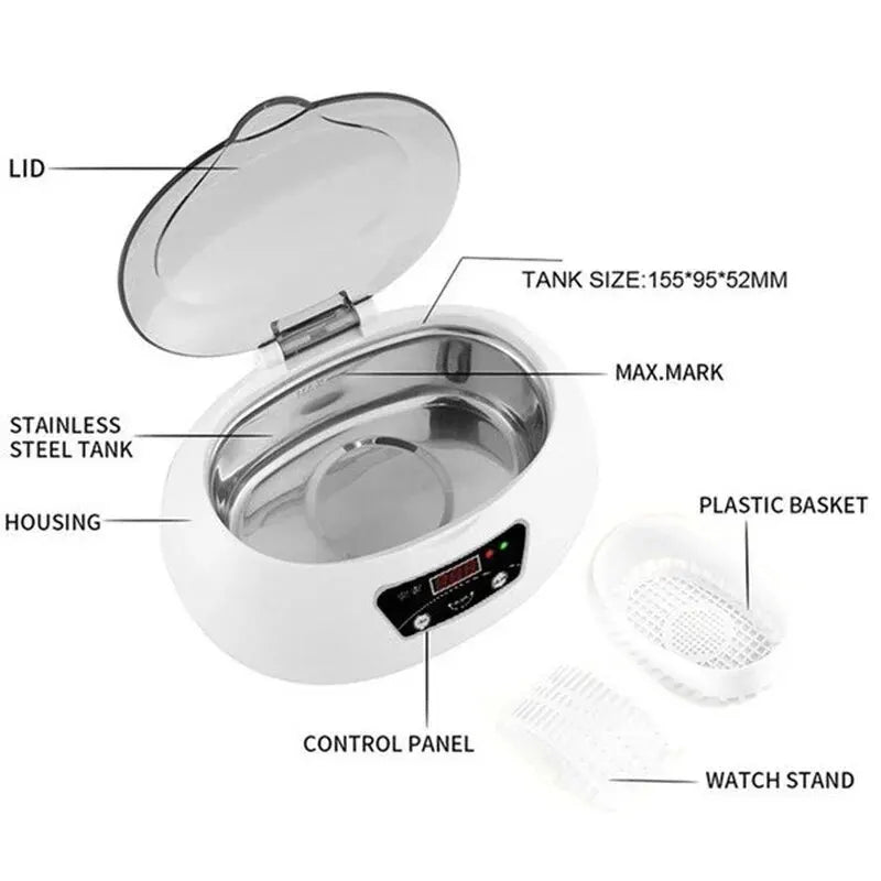 600ml Ultrasonic Cleaner for Jewelry Parts Glasses Manicure Stones Cutters Dental Razor Brush