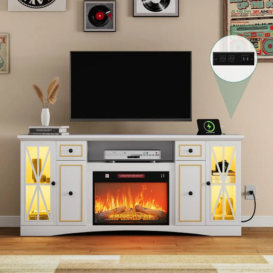 65" TV Stand with Fireplace for TVs up to 75 Inch, Electric Fireplace TV Stand with LED Lights for Living Room, White