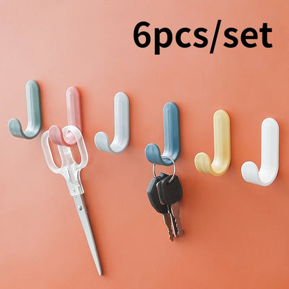 J-shaped Self Adhesive Hooks - 6pcs Candy Color Strong Hook
