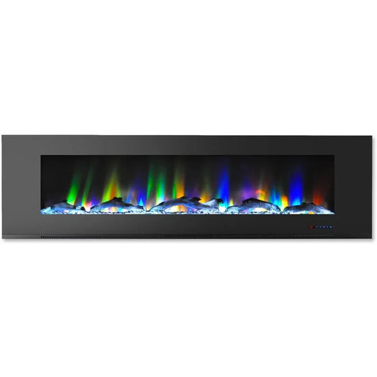 72 In. Electric Wall Mounted Fireplace Heater Black Multi-color Flame Driftwood Log Display Adjustable Heat Remote