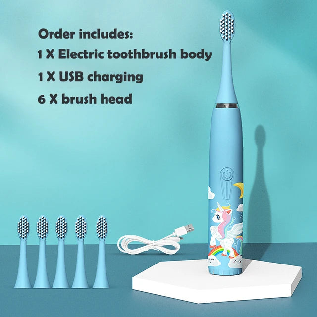 Children Electric Toothbrush Cartoon Kid With Mini Replacement Head Ultrasonic IPX7 Waterproof Rechargeable Sonic Toothbrush