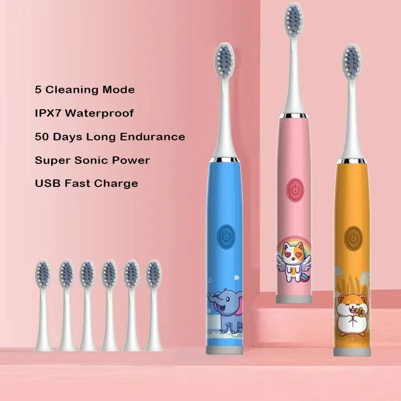 Children Electric Toothbrush Cartoon Kid With Mini Replacement Head Ultrasonic IPX7 Waterproof Rechargeable Sonic Toothbrush