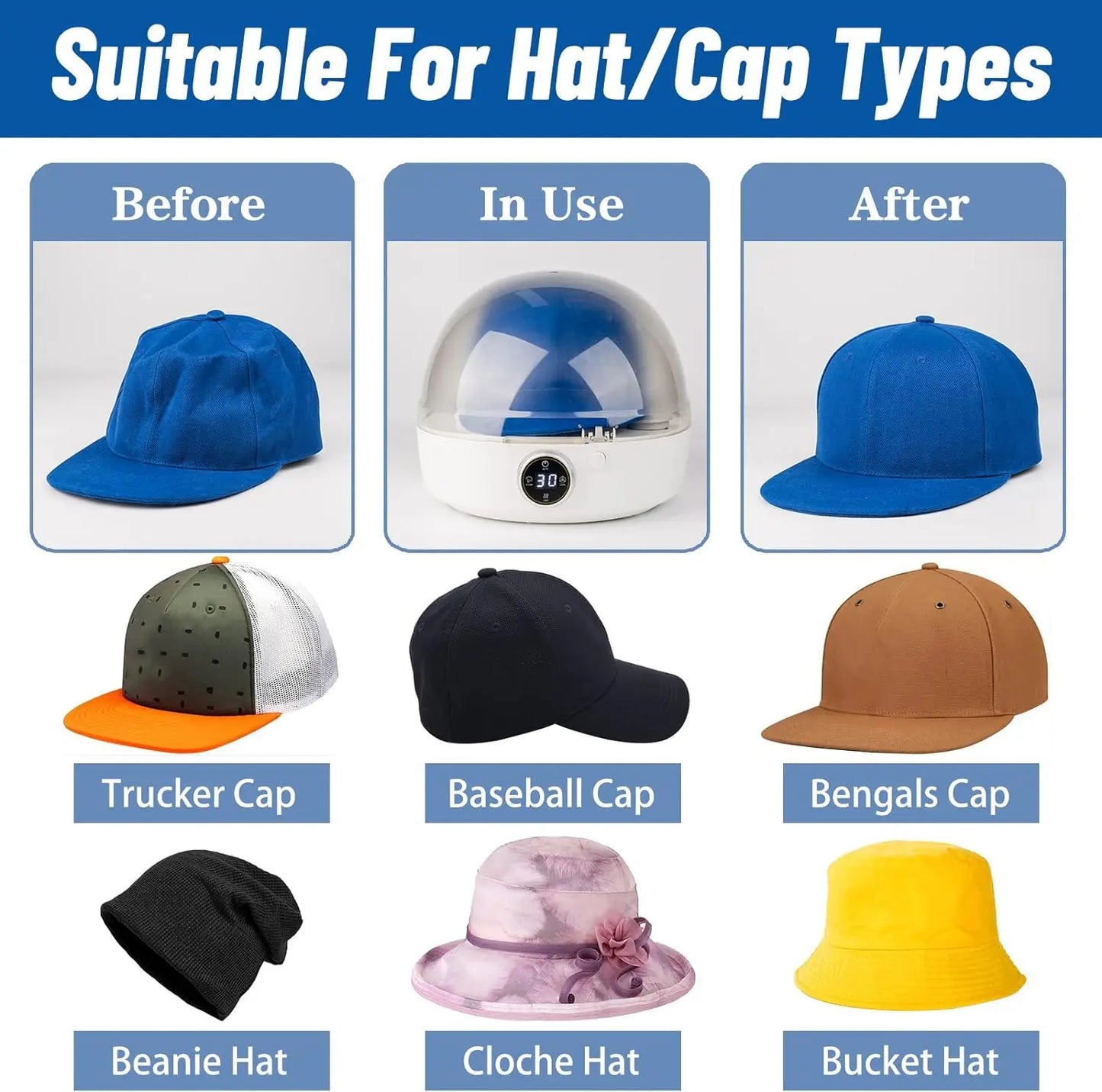 1. Automatic Cap Cleaner with Steam and Dry
2. Steam Cleaning, Ironing, and Drying Machine
3. Dryer for Trucker Hat with Steam Function
4. Bucket Hat Cleaner with Steam Technology
5. Baseball Cap Cleaner and Dryer with Steam
