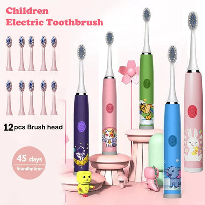 Children Sonic Electric Toothbrush Colorful Cartoon For Kids Rechargeable Soft Fur Automatic Waterproof With 12 Replacement Heads.