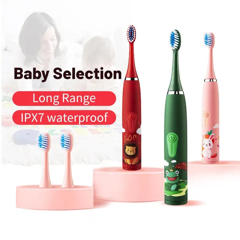 Children's Electric Toothbrush Colorful Cartoon With Replacement Heads Ultrasonic Rechargeable Soft Hair Cleaning Brush for Kids.