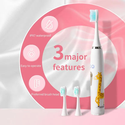 Children's Electric Toothbrush Colorful Cartoon With Replacement Heads Ultrasonic Rechargeable Soft Hair Cleaning Brush for Kids.