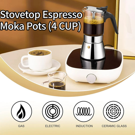 Double Valve Crystal Glass Stovetop Espresso Coffee Maker Stainless Steel Espresso Moka Pots Classic Italian Coffee Pot
4 Cup