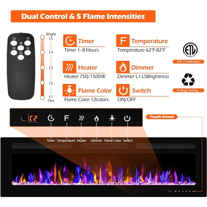 Electric Fireplace Wall Mounted and Recessed with Remote Control
750/1500W Ultra-Thin Wall Fireplace Heater
