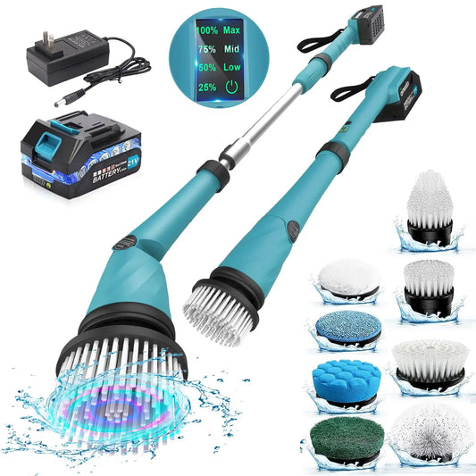 Electric Spin Scrubber 21V Cordless Cleaning Brush with Adjustable Extension Arm and Replaceable Cleaning Heads