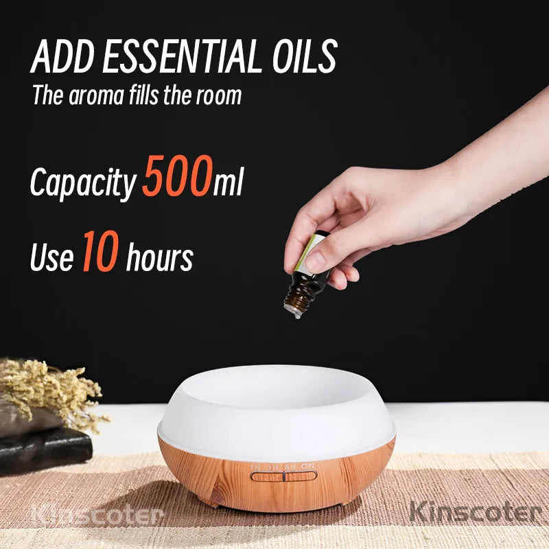 500ml Aromatherapy Essential Oil Diffuser Wood Grain Remote Control Ultrasonic Air Humidifier with 7 Colors Light