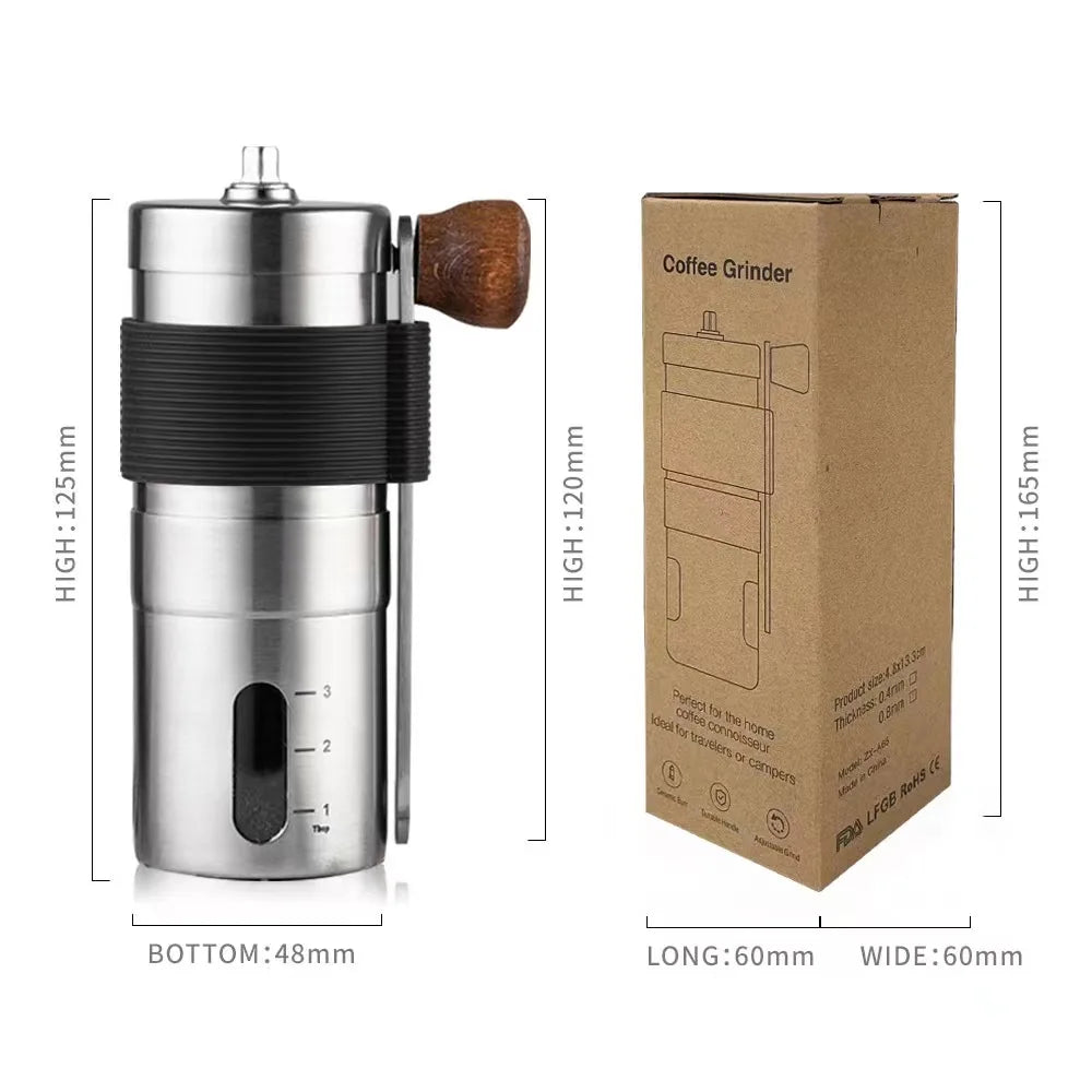 Manual coffee bean grinder portable with adjustable settings. Great for coffee lovers who enjoy freshly ground coffee. Perfect for French press coffee. Includes a brush for easy cleaning.