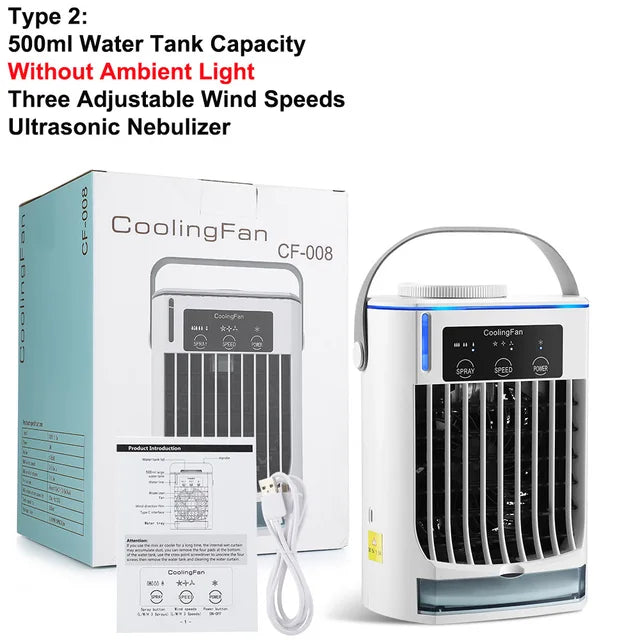 Portable Air Conditioner Cooling Fan Ice Water Mist Spray Mini Air Cooler Humidifier Fan For Room USB Colorful Ambient Light.
