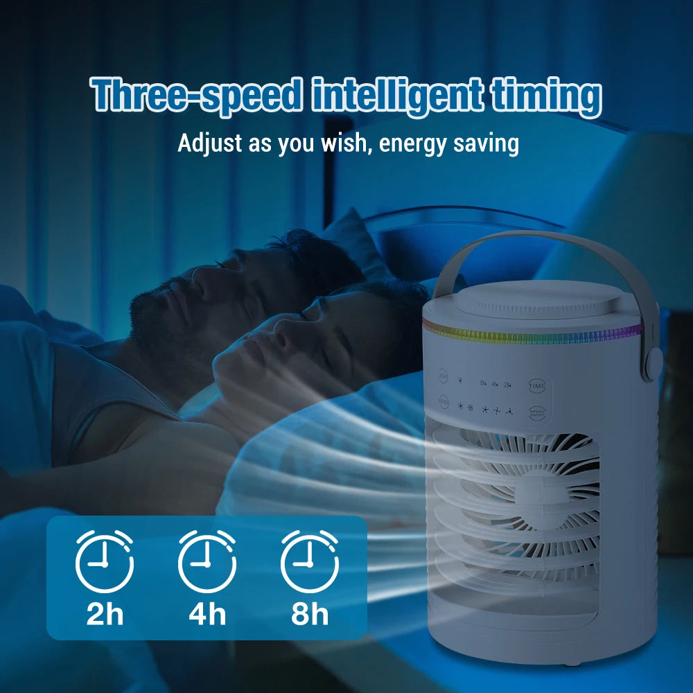 Portable Air Conditioner Cooling Fan Ice Water Mist Spray Mini Air Cooler Humidifier Fan For Room USB Colorful Ambient Light.