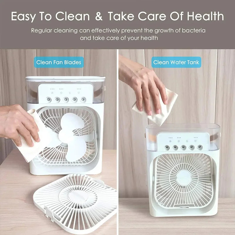 Portable Humidifier Fan Air Conditioner Household Small Air Cooler Hydrocooling Air Adjustment Water Mist Fan for Office Home. 

Product Name: Portable Humidifier Fan
Product Name: Household Small Air Cooler
Product Name: Air Adjustment Water Mist Fan