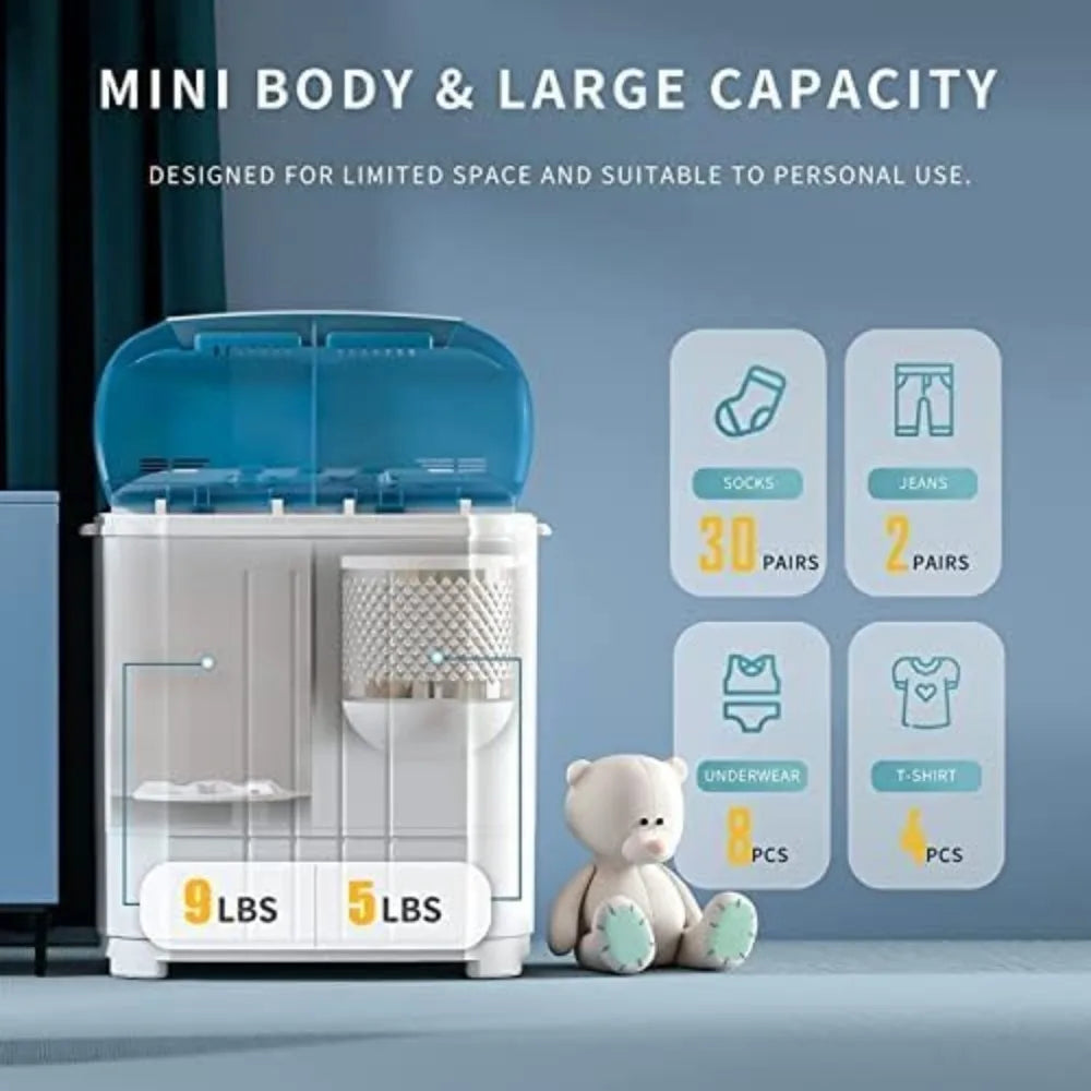 Portable Washing Machine
Twin Tub Washing Machine Compact spinner Combo
14lbs capacity
9Lbs Washer 
5Lbs Spinner Dryer