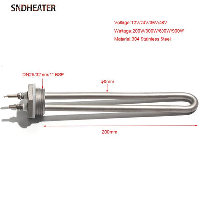 SNDHEATER Solar Water Immersion Heater DN25/1" 32mm BSP Low Voltage 12V/24V/36V/48V Heating Tube 200mm Full 304 Stainless Steel