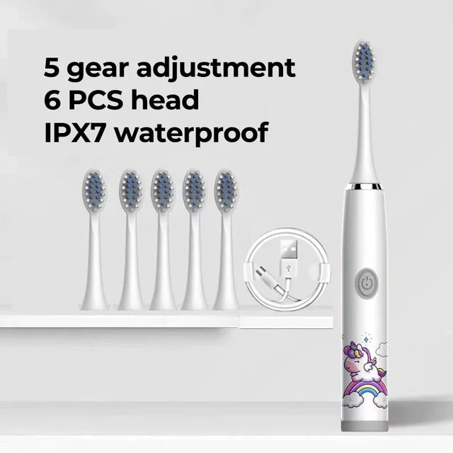 Sonic Children Electric Toothbrush Rechargeable Colorful Cartoon Brush For Kids Automatic IPX7 Waterproof With Replacement Head. 
Sonic Children Electric Toothbrush