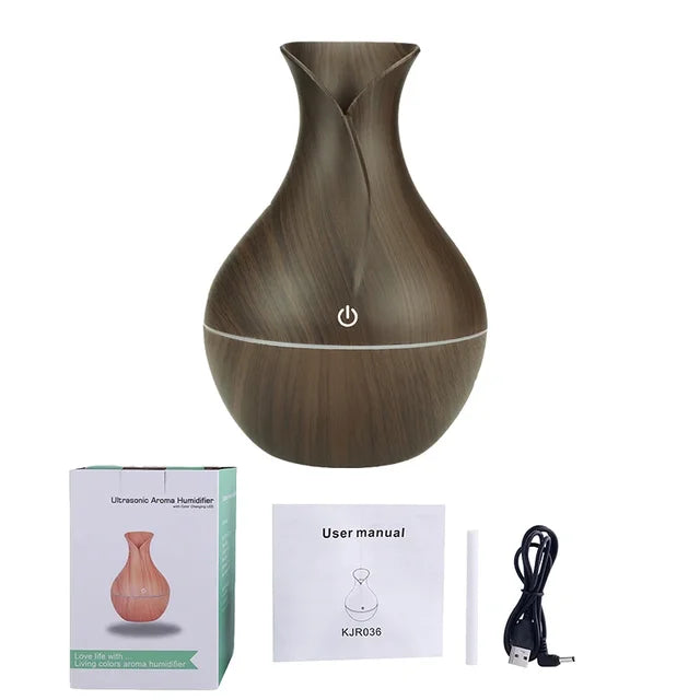 USB Air Humidifier Essential Oil Diffuser Wood Grain Cool Mist Maker LED Light Home