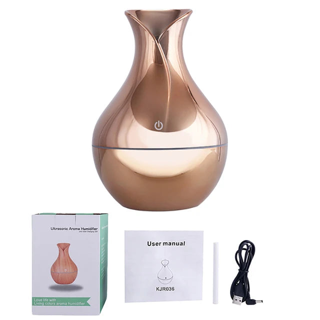 USB Air Humidifier Essential Oil Diffuser Wood Grain Cool Mist Maker LED Light Home
