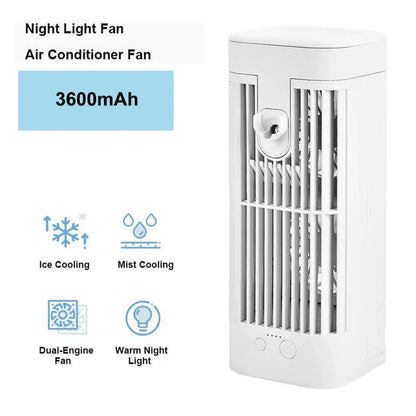 USB Portable Fan Air Cooler with Light Desktop Atomizing Air Conditioner Room Humidifier 3600mAh Use Long Time for Student. 

USB Portable Fan Air Cooler.