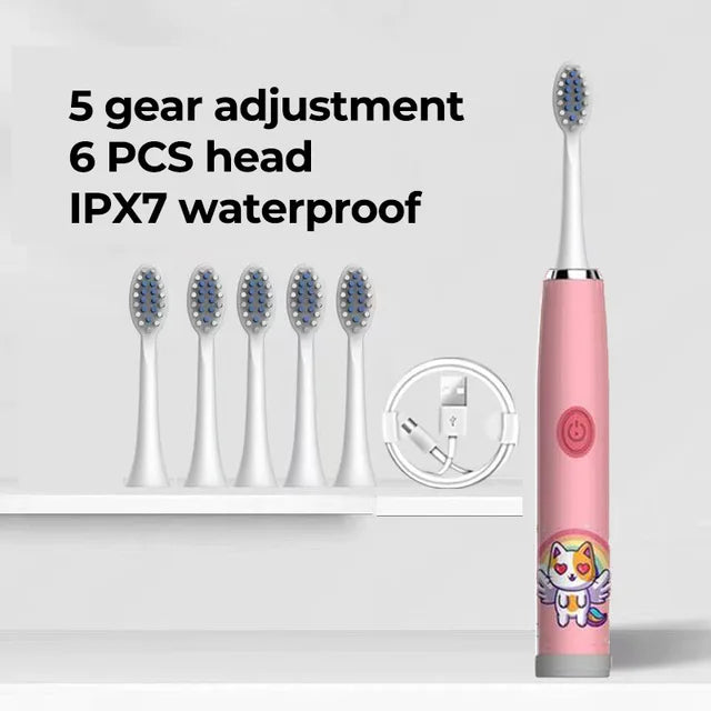 USB Sonic Children Electric Toothbrush Rechargeable Colorful Cartoon Brush Kids Automatic IPX7 Waterproof With Replacement Head